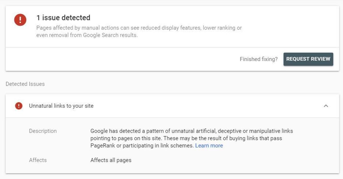 Unnatural links warning from Google