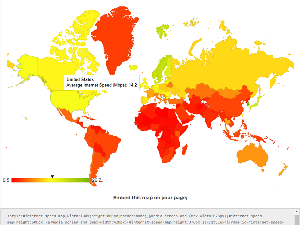 World map internet speeds