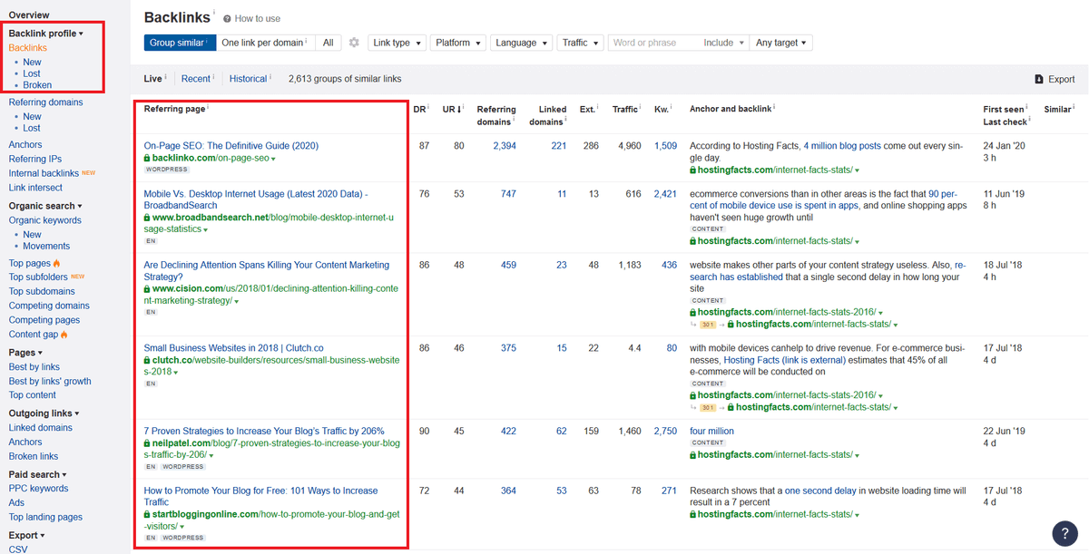 hostingfacts backlinks profile