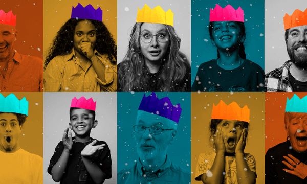 Image of people with different expressions with super imposed Christmas hats on