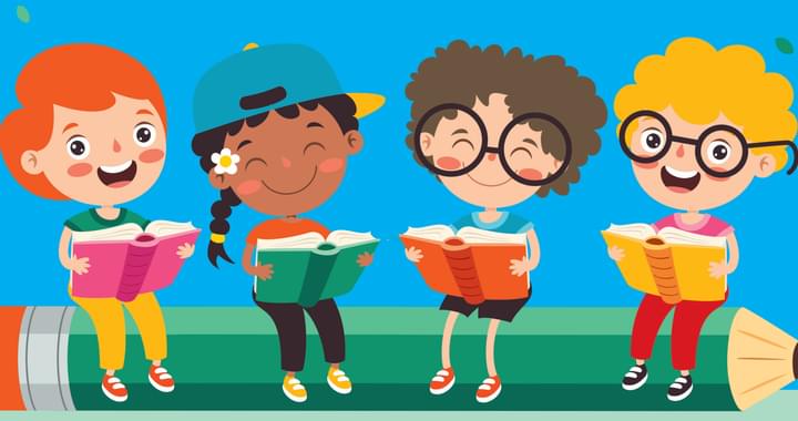 Cartoon of children sitting on a giant pencil reading books
