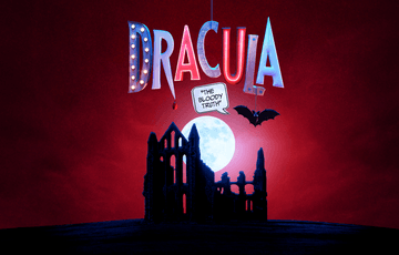 Dracula title treatment with a rubber bat dangling from it, abbey ruins underneath with the moon behind it.