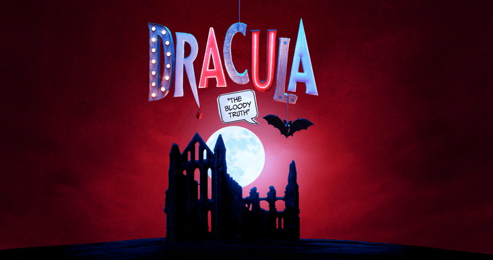 Dracula title treatment with a rubber bat dangling from it, abbey ruins underneath with the moon behind it.