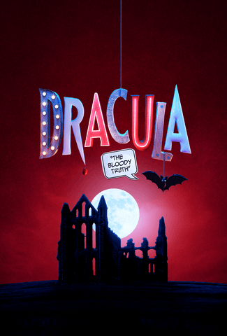 Dracula title treatment with a rubber bat dangling from it, abbey ruins underneath with the moon behind it.