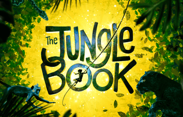 The Jungle Book title treatment with animals and trees surrounding it.