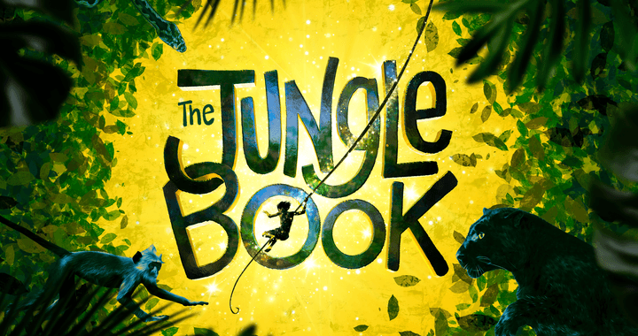 The Jungle Book title treatment with animals and trees surrounding it.