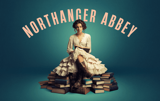 Woman sitting on a pile of books with Northanger Abbey title treatment above