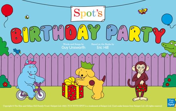 image of spot the dog with friends and a banner saying birthday party above them
