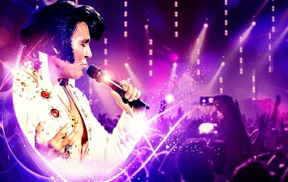 Elvis singing on a mic with a purple background