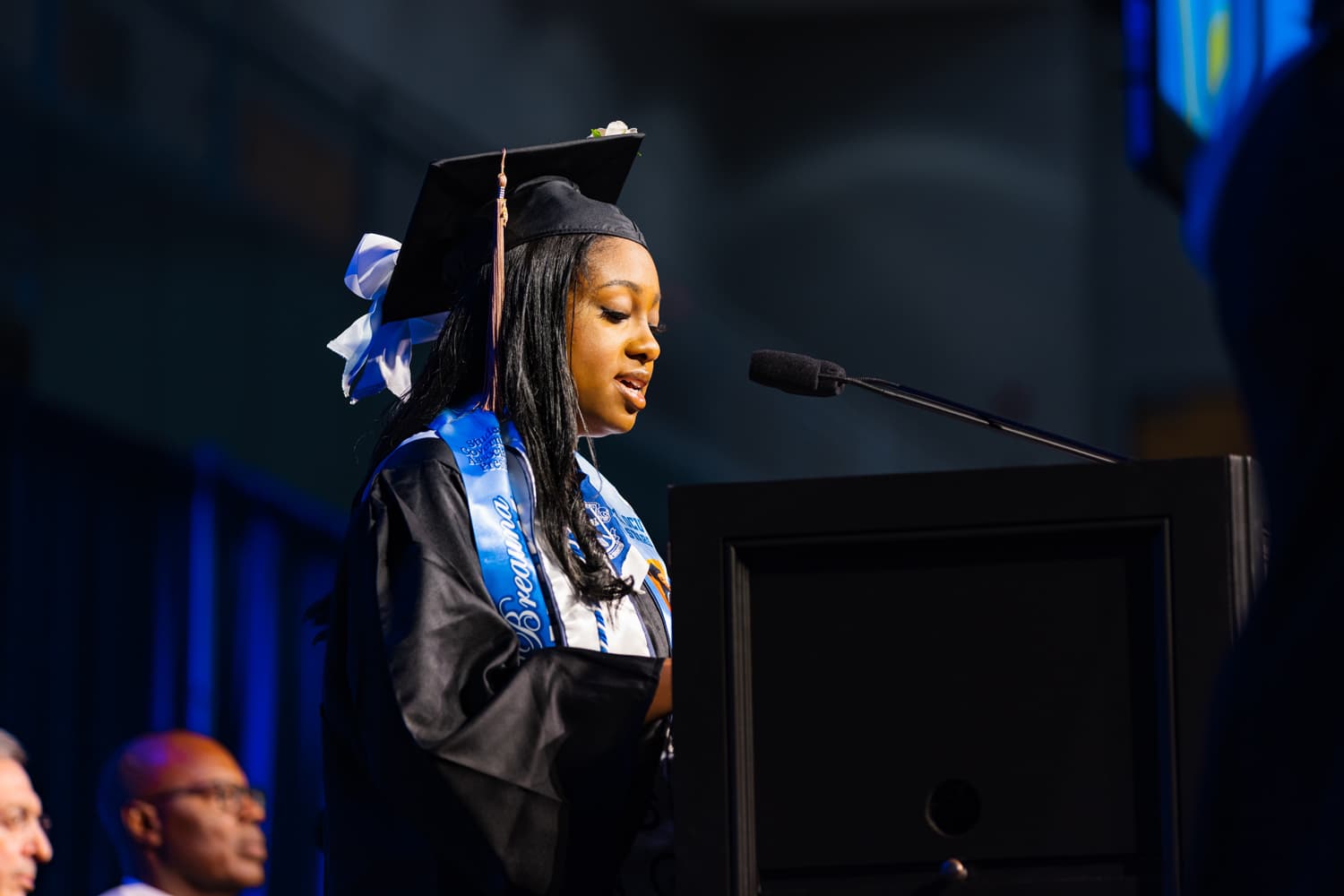SGA President BreAuna Shaw speaking at the 2023 undergraduate commencement ceremony