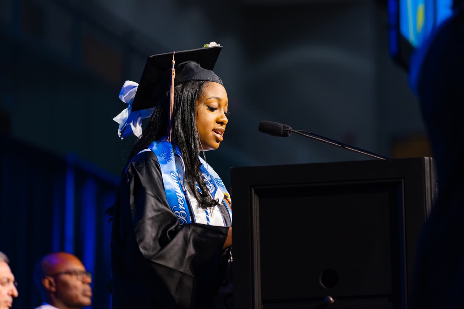 SGA President BreAuna Shaw speaking at the 2023 undergraduate commencement ceremony