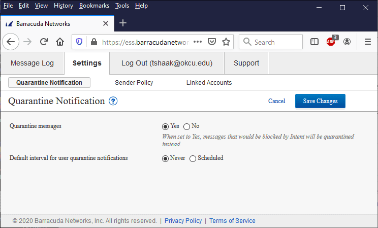 screen shot of the quarantine notification setup page in Barracuda screen shot of the quarantine notification setup page in Barracuda