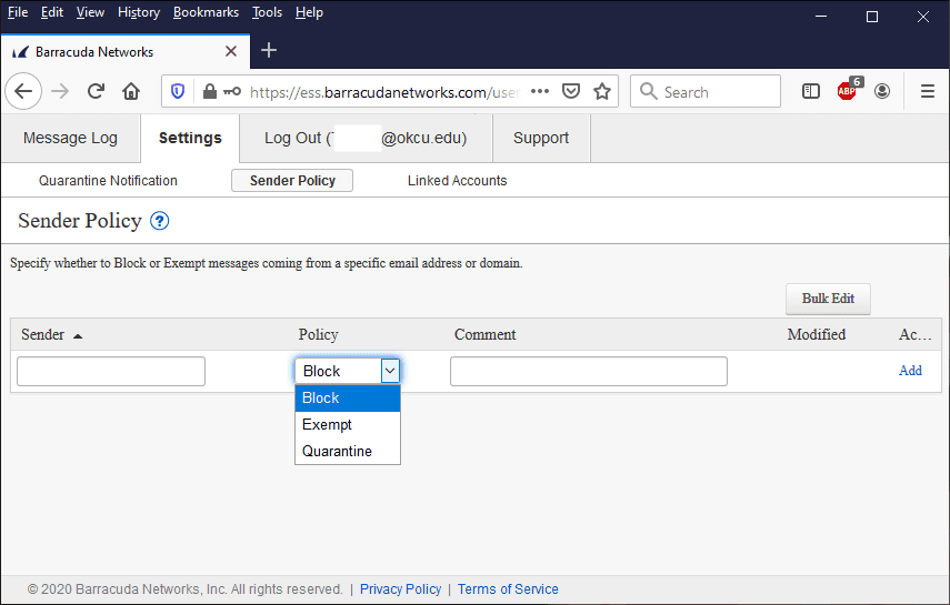 screen shot of the whitelist preferences in Barracuda screen shot of the whitelist preferences in Barracuda