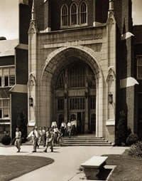 Students leave the administration building, circa 1950
