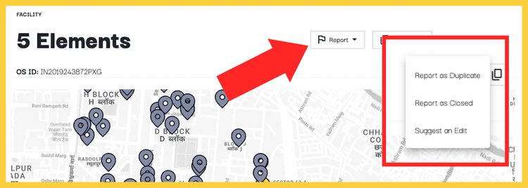 Screenshot showing the drop down function of the tool which allows you to report a duplicate facility
