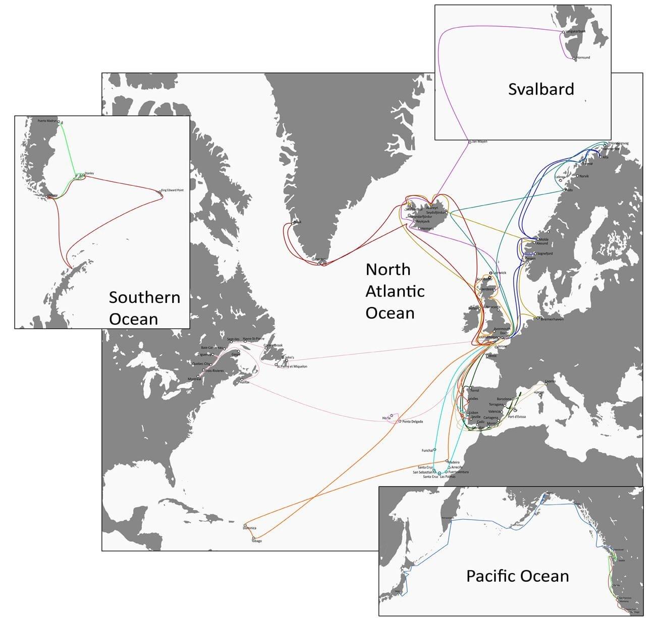 A map with all of the ORCA cruise routes.