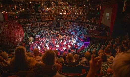 BBC Proms at Great Yarmouth. Wide shot of musicians from the audience