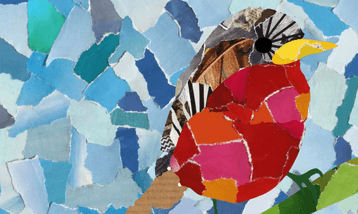 A paper collage depicting a garden bird