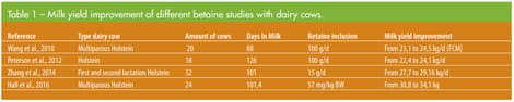 Milk yield improvement of different betaine studies with dairy cows