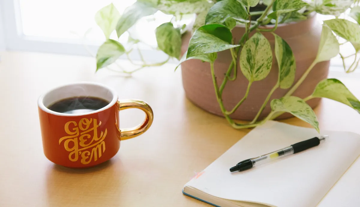 A coffee mug, a plant and a notepad and pen