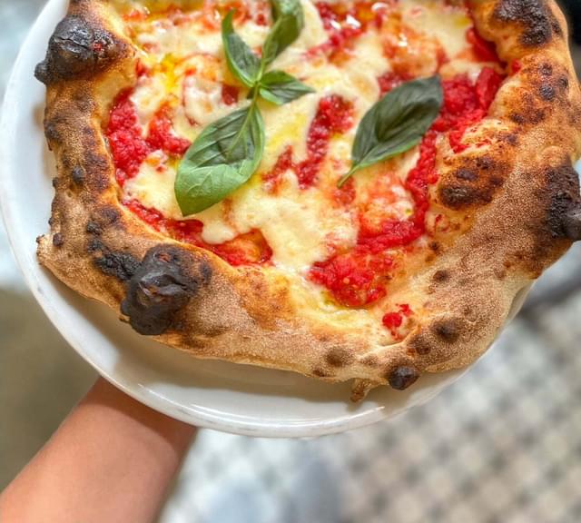 A person is holding a pizza on a plate.