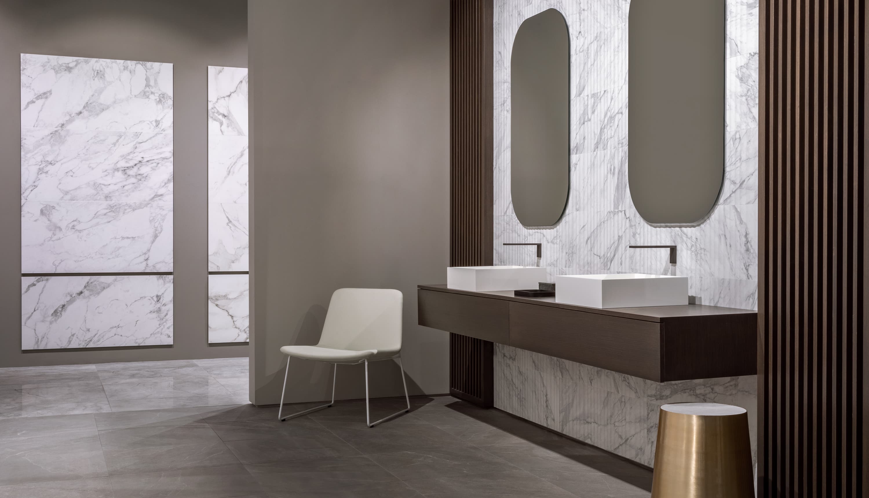 Left: La Marca Collection. Vanity Wall: Raffino Bianco Vita Alto Matte Rectified Glazed Ceramic