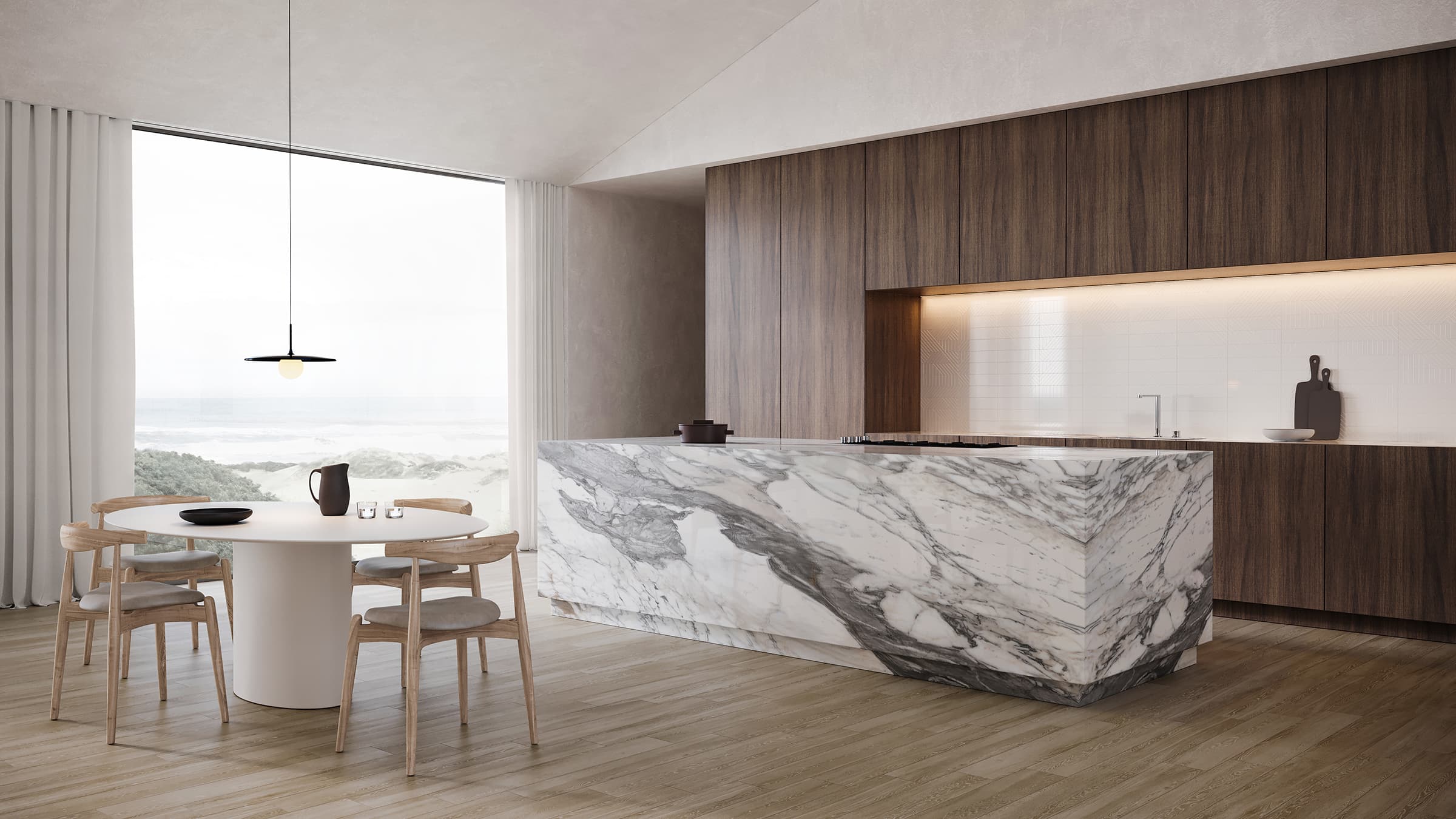 Au sol : Aspen Paper Birch mate, 14,7 x 90 cm / 6 x 36 po Le comptoir Calcatta Corchia/Bloc 43,160 x 320 cm La crédence Geometra Maze Powder brillant 7,5 x 30 cm/3 x 12 po.