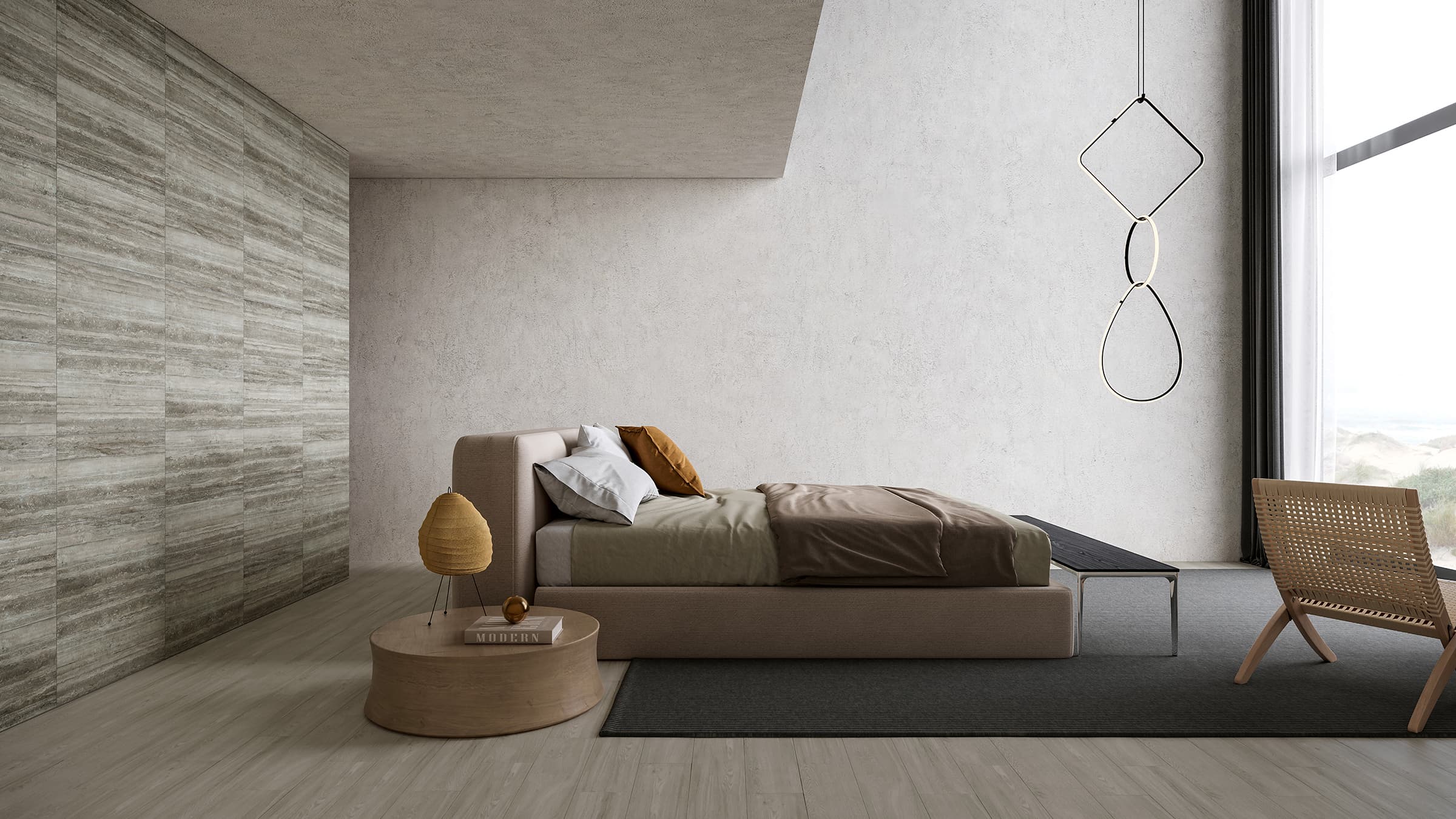 Au sol : 14,8 x 60,1 cm/6 x 24 po Dune. Au mur : La Marca Travertino Instrata, 30 x 60 cm/12 x 24 po.