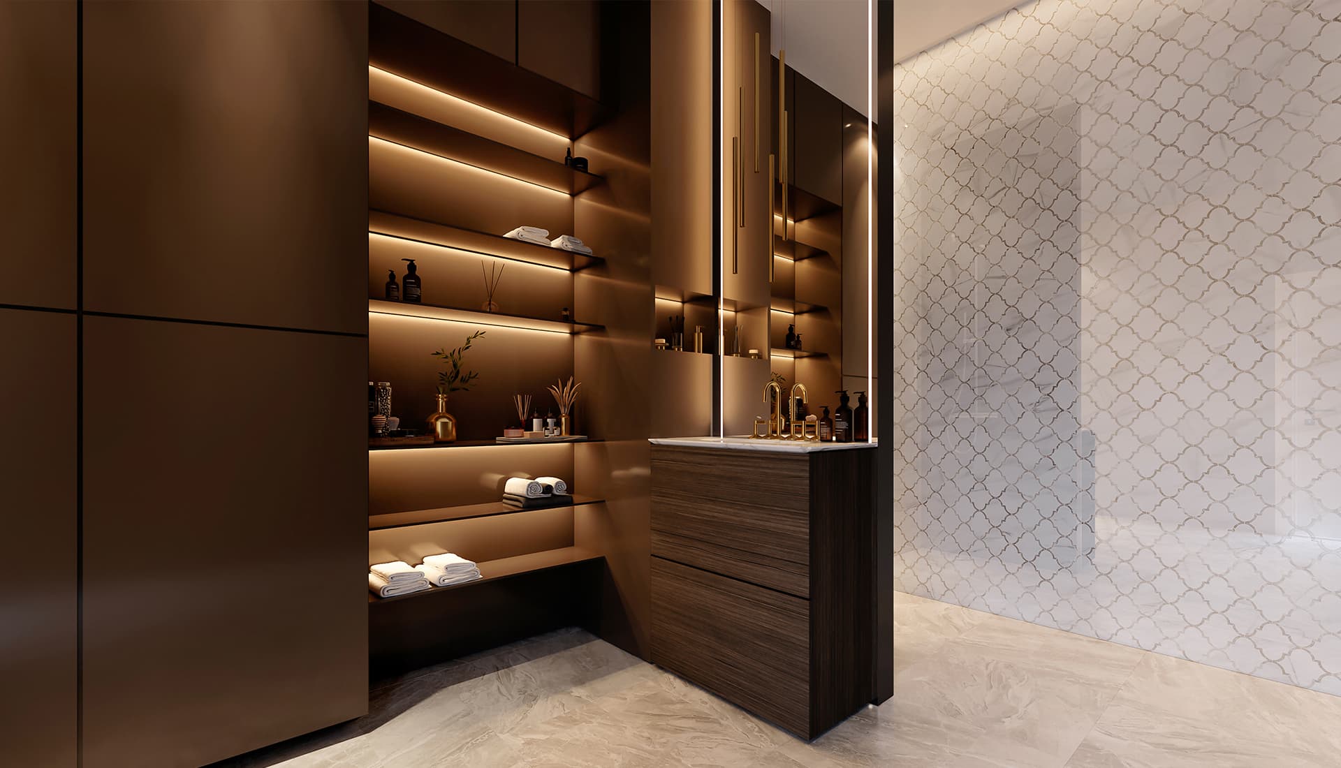 Au mur : Mosaïque en porcelaine émaillée polie Mayfair Volakas Grigio Arabesque