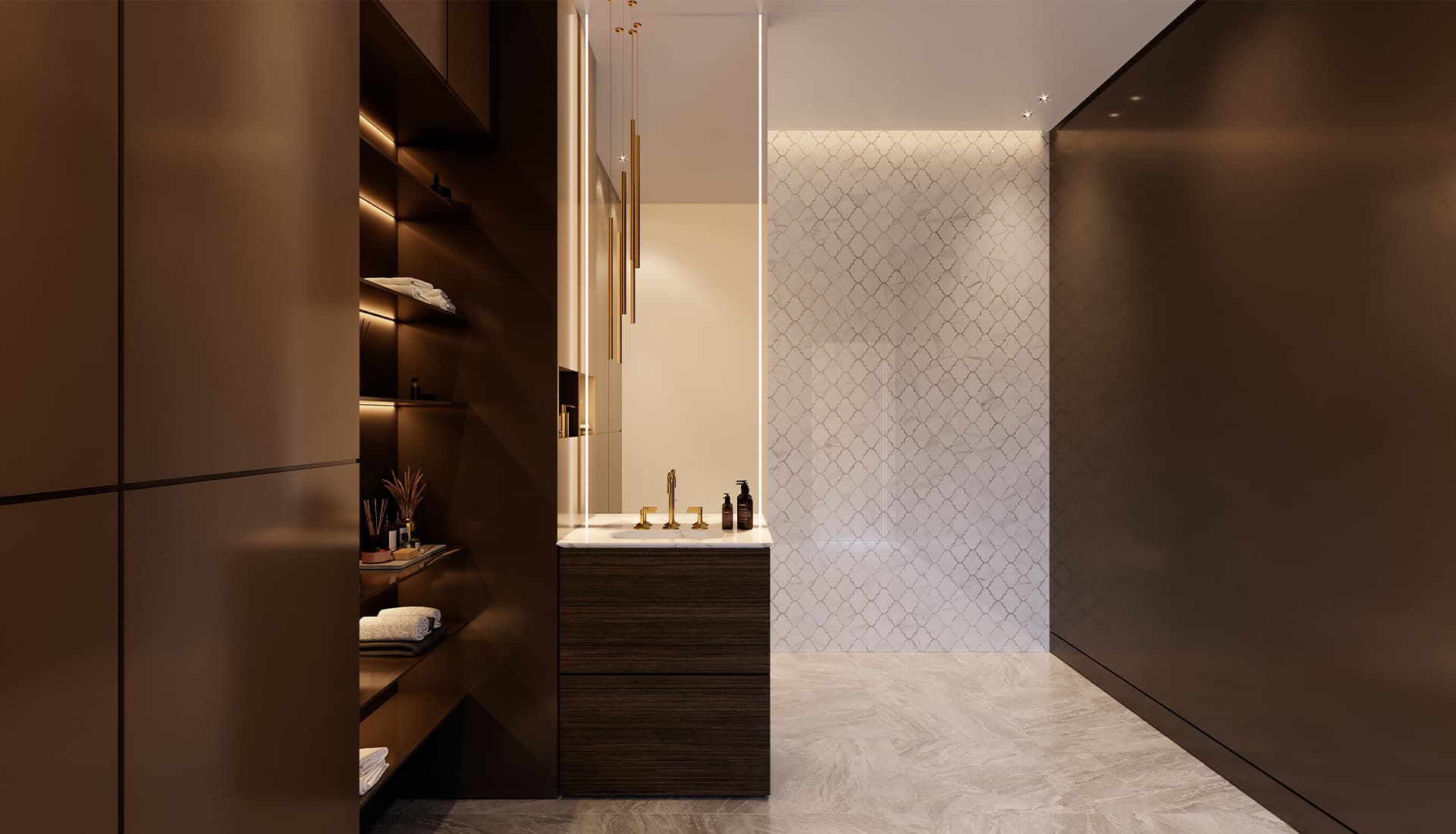 Au mur : Mosaïque en porcelaine émaillée polie Mayfair Volakas Grigio Arabesque