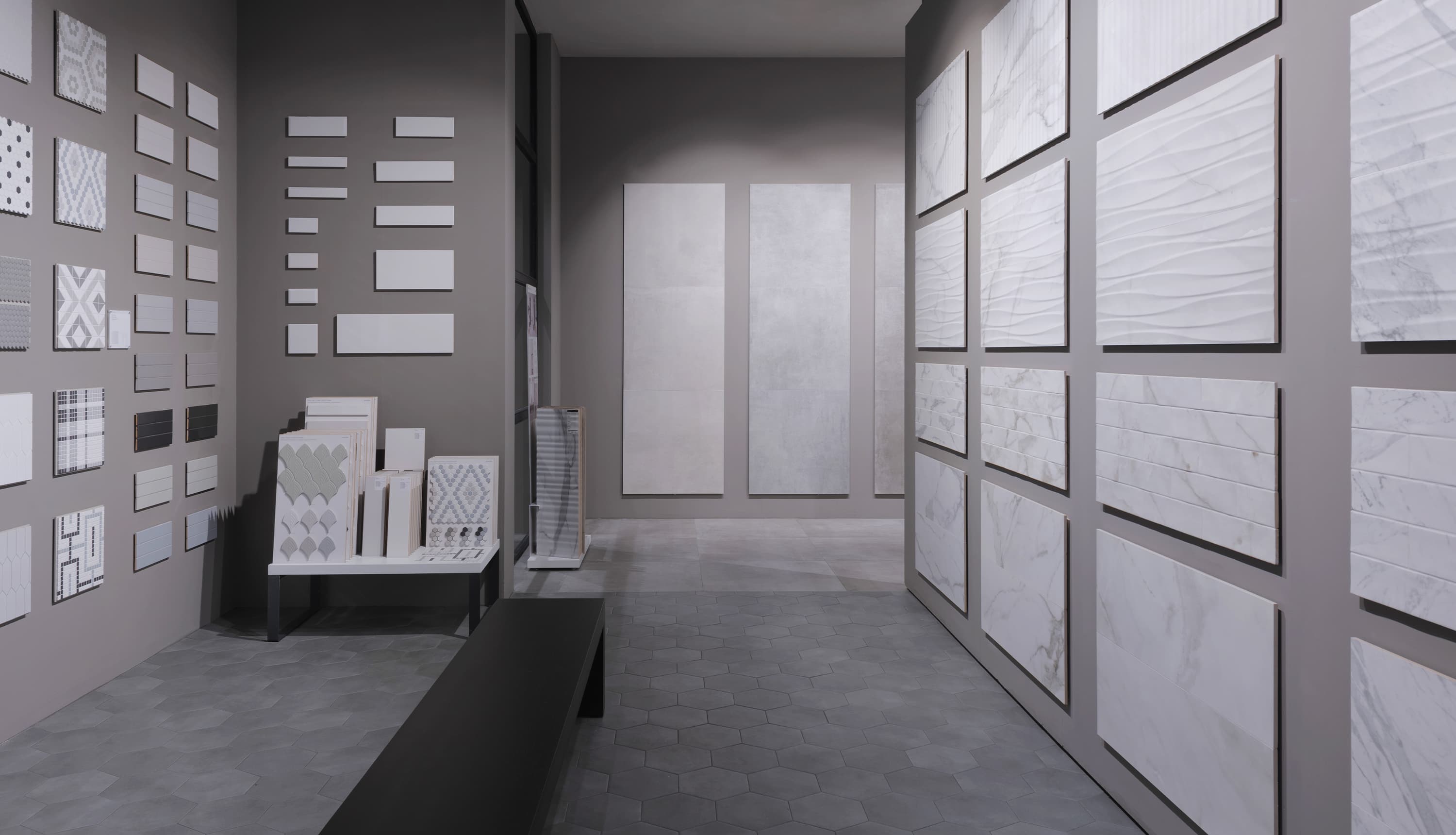 Right wall: Raffino Collection. Left wall: Soho Collection. Back wall: Industria.