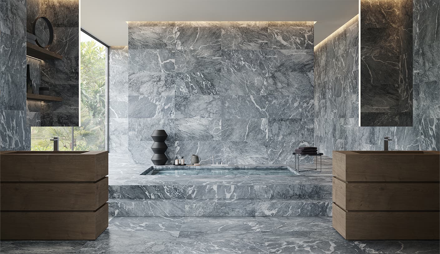 18 x 36 in / 45.7 x 91.4 cm Aqua Intenso Brushed Marble Tile