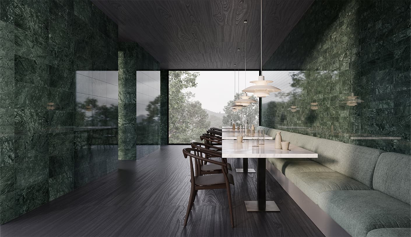 3 x 12 in / 7.5 x 30.5 cm Diosa Verde Polished Marble Tile. 12 x 24 in / 30.5 x 61 cm Diosa Verde Polished Marble Tile.