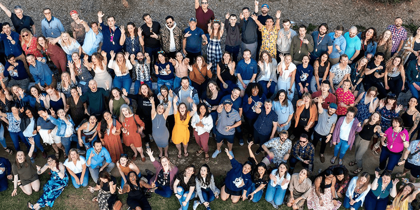 Overhead photograph of a large group of Propeller employees at the 2022 Propeller offsite in Ojai, California.