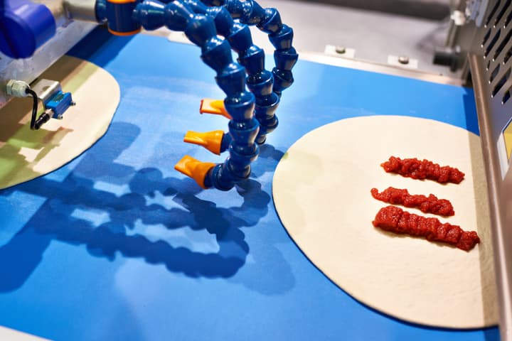 Three automated nozzles dispense tomato sauce onto a plain, uncooked pizza crust on a food-safe conveyor belt.