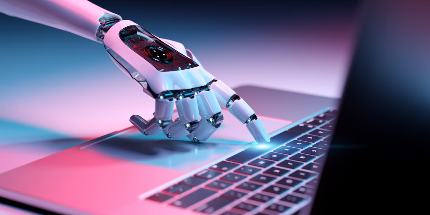 3D rendering of a robotic hand pressing the keyboard on a laptop.