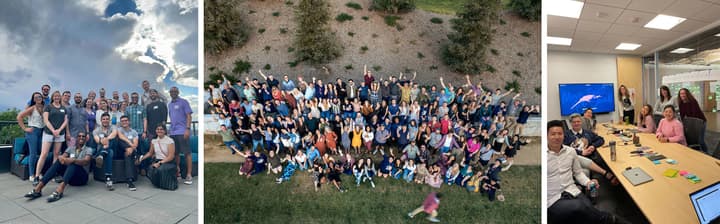 A triptych of images. The left-most image is of a group of Propeller employees attending an event at our Denver office. The middle picture is an overhead group photo of most of Propeller's employees at the 2022 Offsite in Ojai, California. The right-most photo is off several Propeller employees inside a conference room at our San Francisco office.