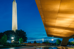 An image taken from the front of the National Museum of African American History and Culture in Washington, DC shortly after sunset. The Washington Monument is in the background.