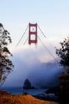 The top of the Golden Gate Bridge peeking out of heavy fog