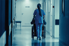 A healthcare worker batting burnout pushes a wheelchair in a hospital