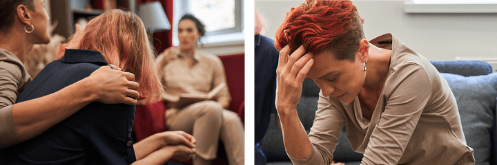 A diptych of images. The left-most image shows a queer person comforting another queer person with pink hair while they talk with a counselor. The right-most image is a close up of one of the queer people looking distraught while the counselor is blurred by observing in the background.
