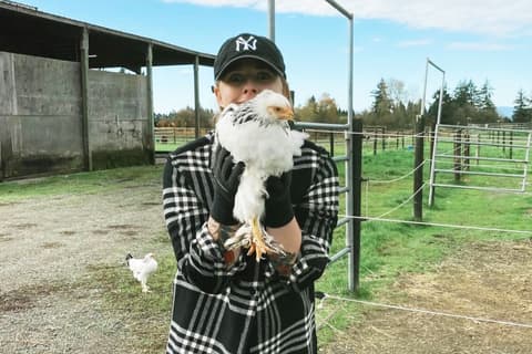 Propeller employee Rachel Laurick holds up a white chicken to show off to the camera. She is wearing a black and white flannel shirt, a black baseball cap, and black gloves. Profile Photo
