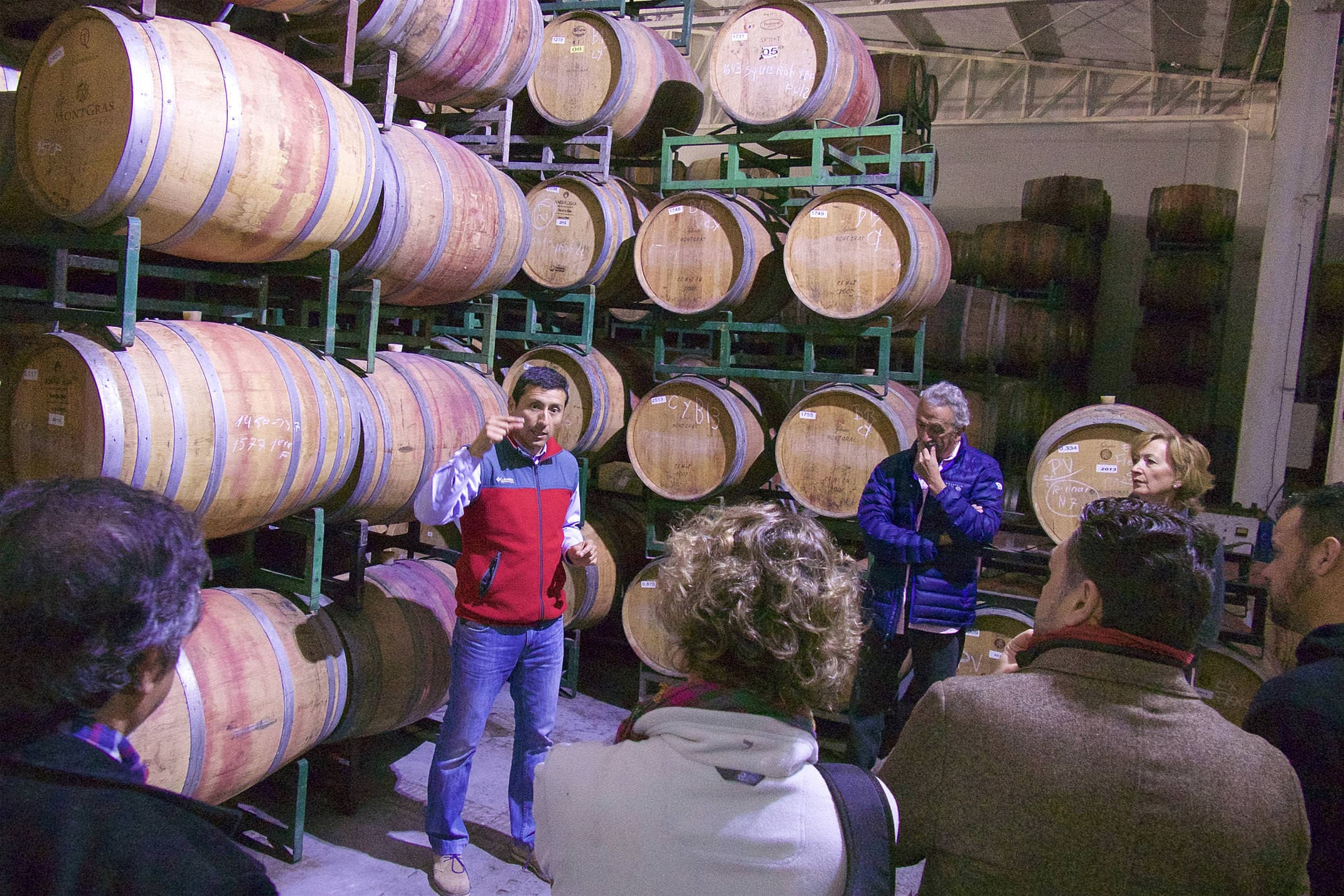 Chile winelands santa cruz montgras winery discussing the barrels