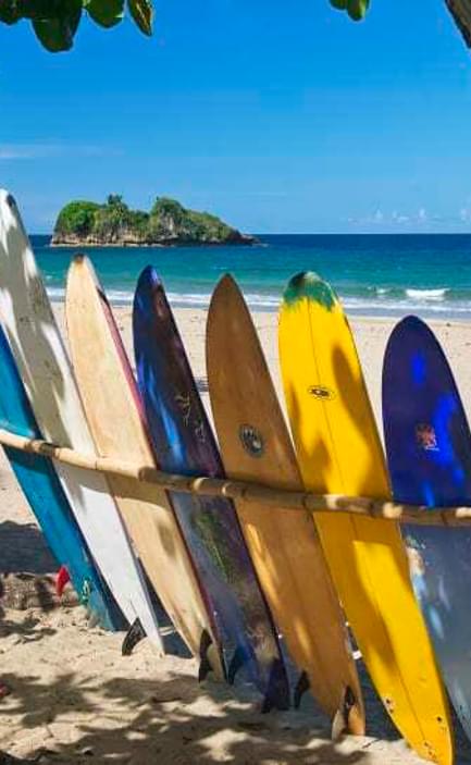 surf boards on manzanillo beach in costa rica