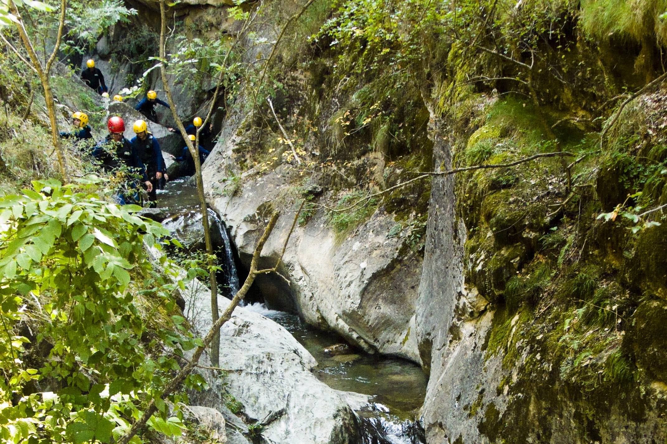Spain pyrenees aigues tortes canyoning in narrow gorge