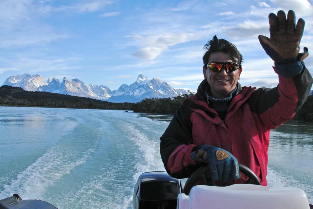 Chile patagonia torres del paine rio serrano zodiac ride waving captain