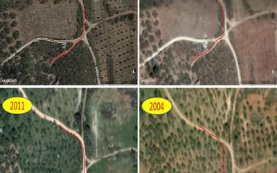 A marked track junction on 2017 Google Earth imaging shows location difference when compared to historical imaging which shows up to 15m variation in this example in Spain