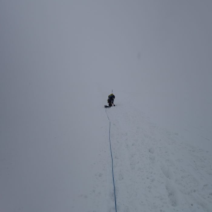 Caroline finally succumbed to needing to retie her shoelaces. The snow was now coming in and we were hurrying to make it to the last cablecar down from the Breithorn