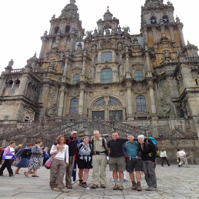 A portion of our 2011 Camino Family as we arrive outside the Cathedral de Santiago de Compostela. (Camino Frances of the Camino de Santiago)