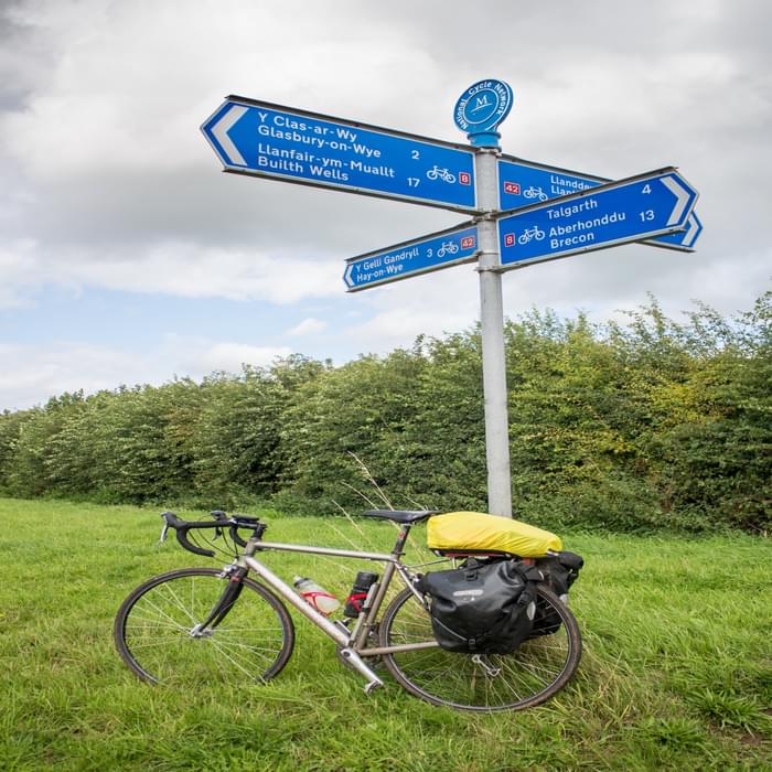 National Cycle Network fingerpost near Tregoyd where the Cardiff and alternative Chepstow start converge